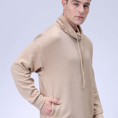 Men's Beige Oversized Self Design Cowl Neck Sweatshirt
