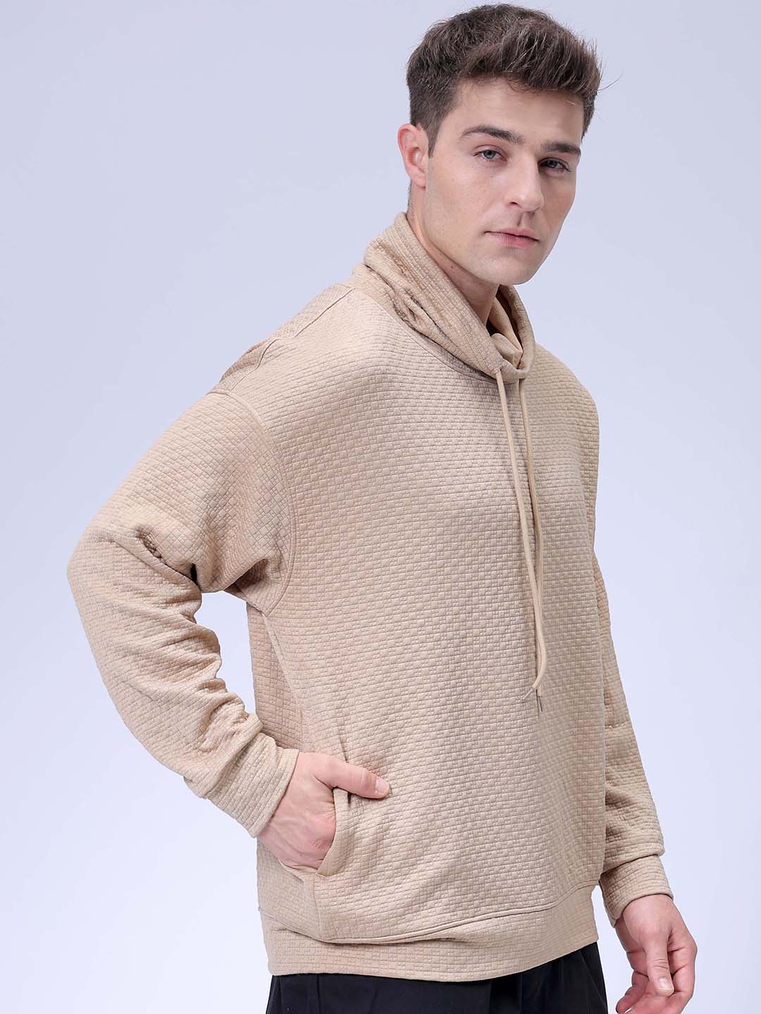 Men's Beige Oversized Self Design Cowl Neck Sweatshirt