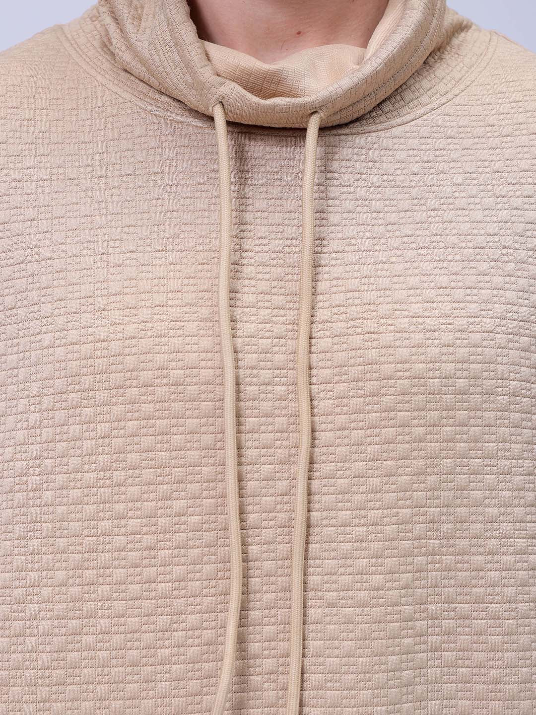 Men's Beige Oversized Self Design Cowl Neck Sweatshirt
