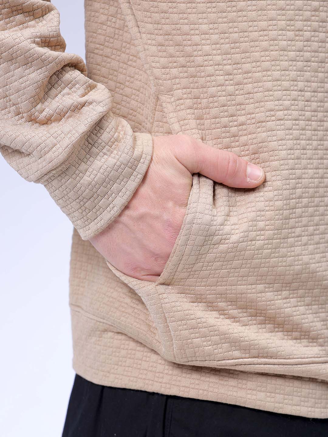 Men's Beige Oversized Self Design Cowl Neck Sweatshirt