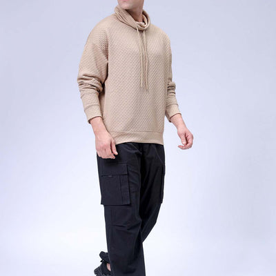 Men's Beige Oversized Self Design Cowl Neck Sweatshirt