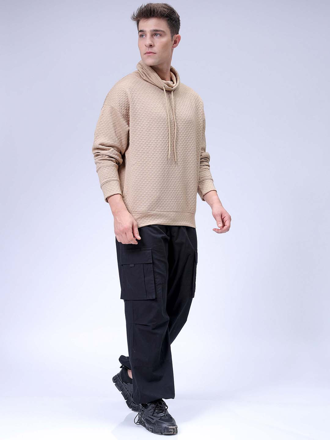 Men's Beige Oversized Self Design Cowl Neck Sweatshirt