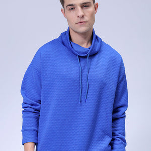 Men's Blue Oversized Self Design Cowl Neck Sweatshirt