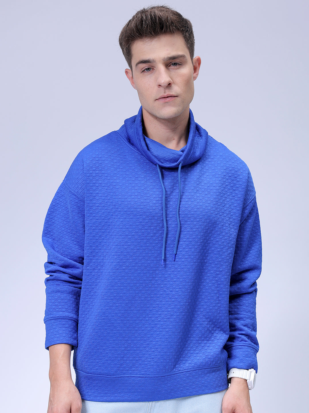 Men's Blue Oversized Self Design Cowl Neck Sweatshirt