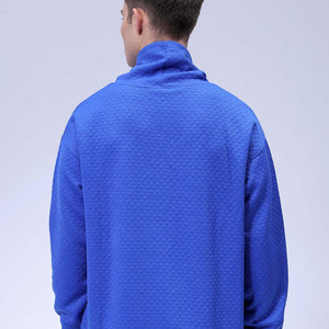 Men's Blue Oversized Self Design Cowl Neck Sweatshirt