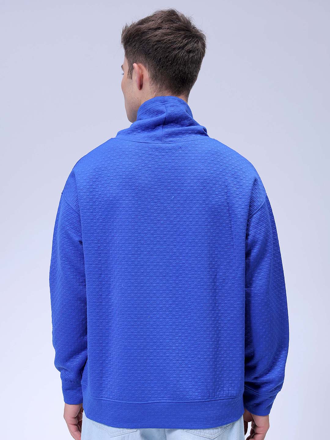 Men's Blue Oversized Self Design Cowl Neck Sweatshirt