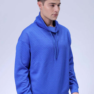 Men's Blue Oversized Self Design Cowl Neck Sweatshirt