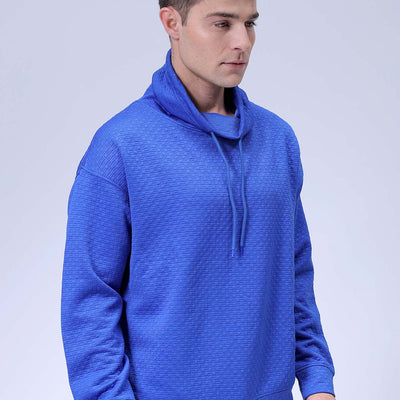 Men's Blue Oversized Self Design Cowl Neck Sweatshirt