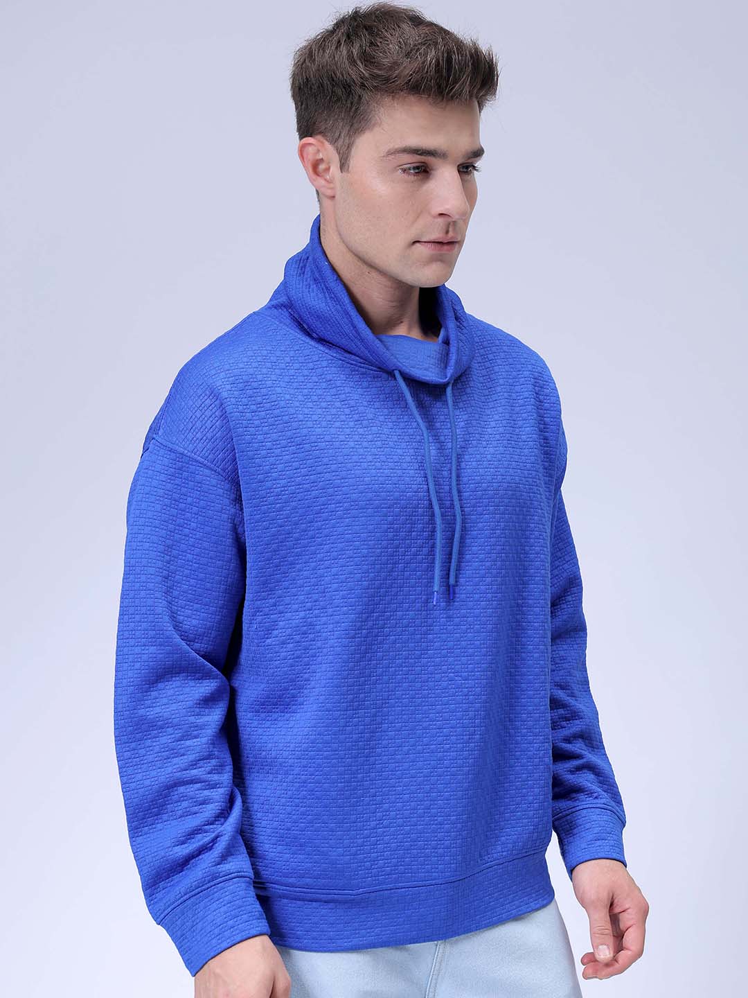 Men's Blue Oversized Self Design Cowl Neck Sweatshirt