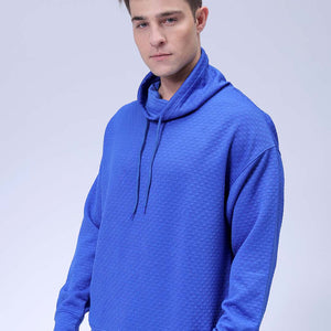 Men's Blue Oversized Self Design Cowl Neck Sweatshirt