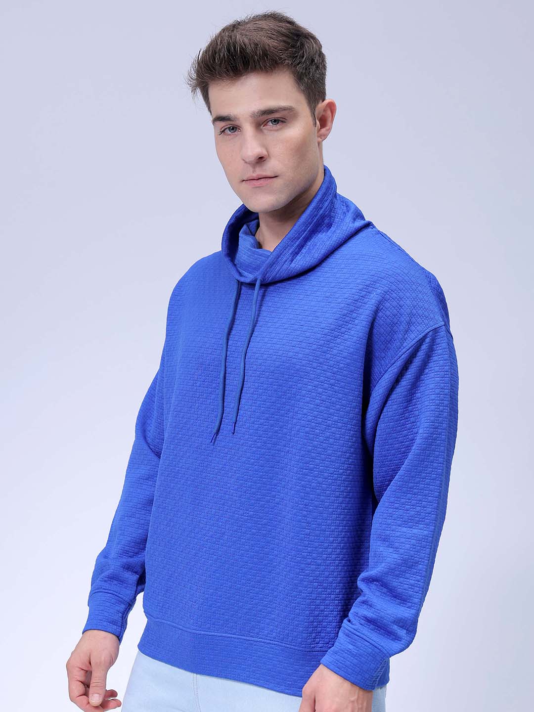 Men's Blue Oversized Self Design Cowl Neck Sweatshirt