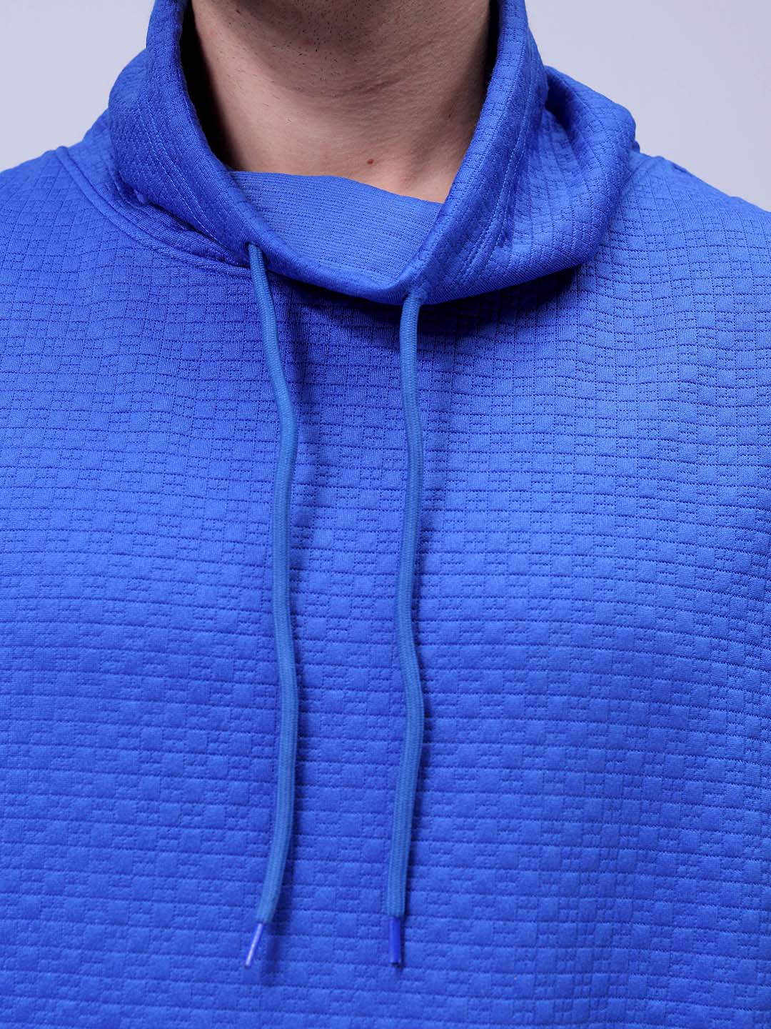 Men's Blue Oversized Self Design Cowl Neck Sweatshirt