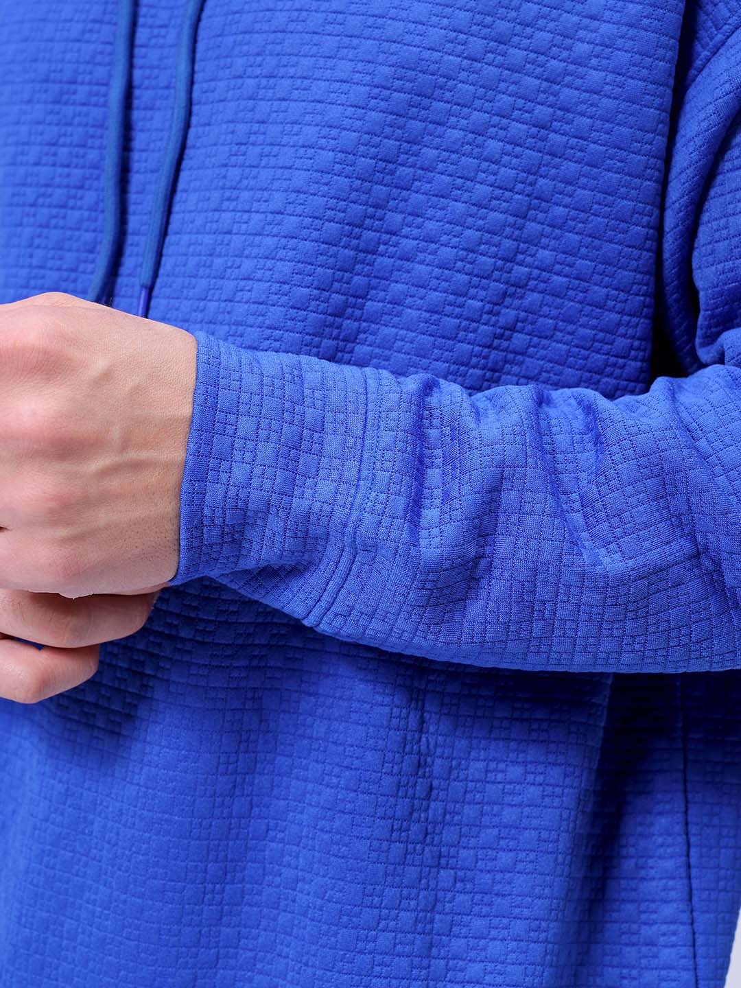 Men's Blue Oversized Self Design Cowl Neck Sweatshirt