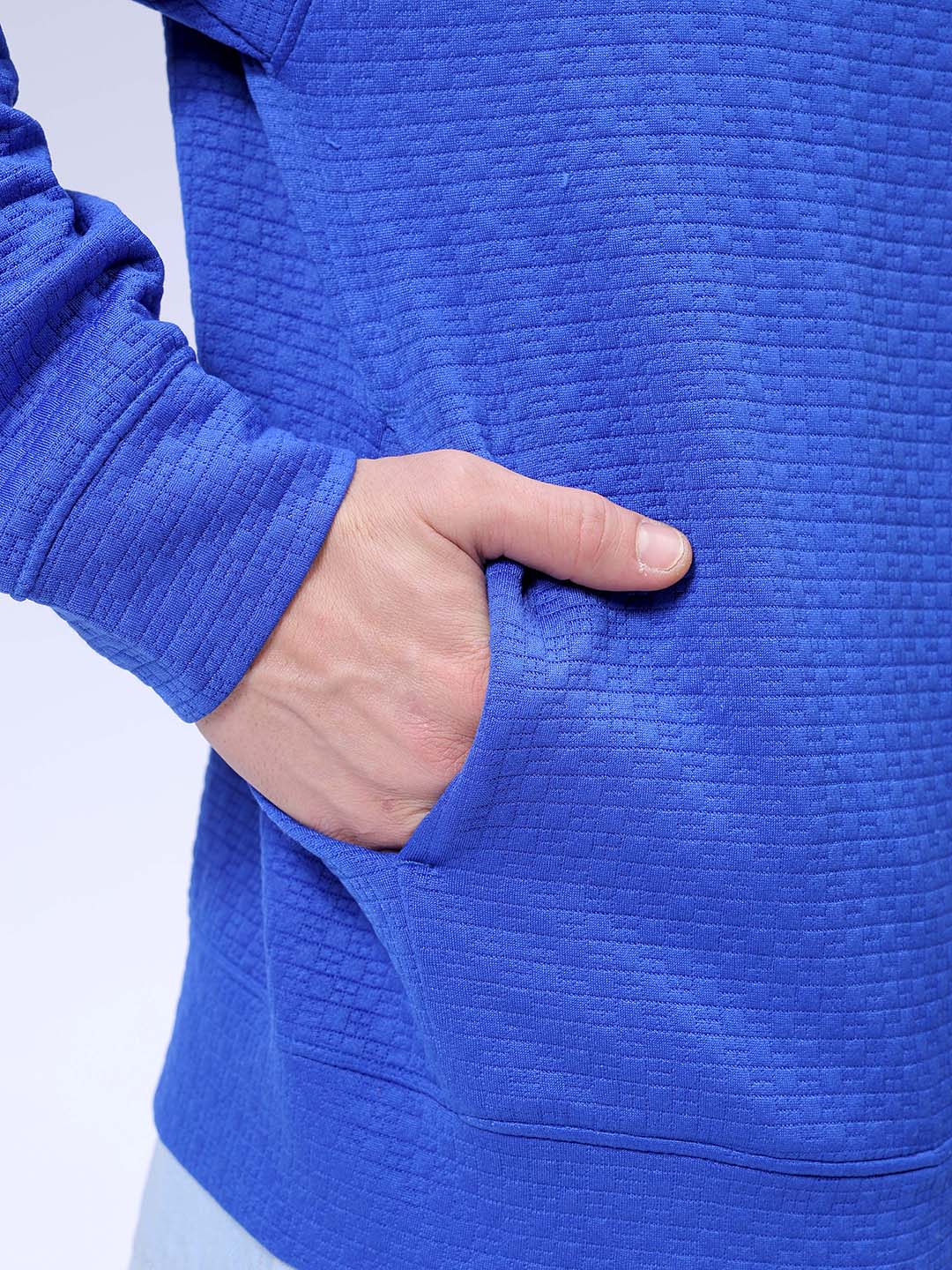 Men's Blue Oversized Self Design Cowl Neck Sweatshirt