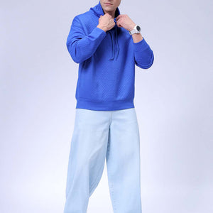 Men's Blue Oversized Self Design Cowl Neck Sweatshirt