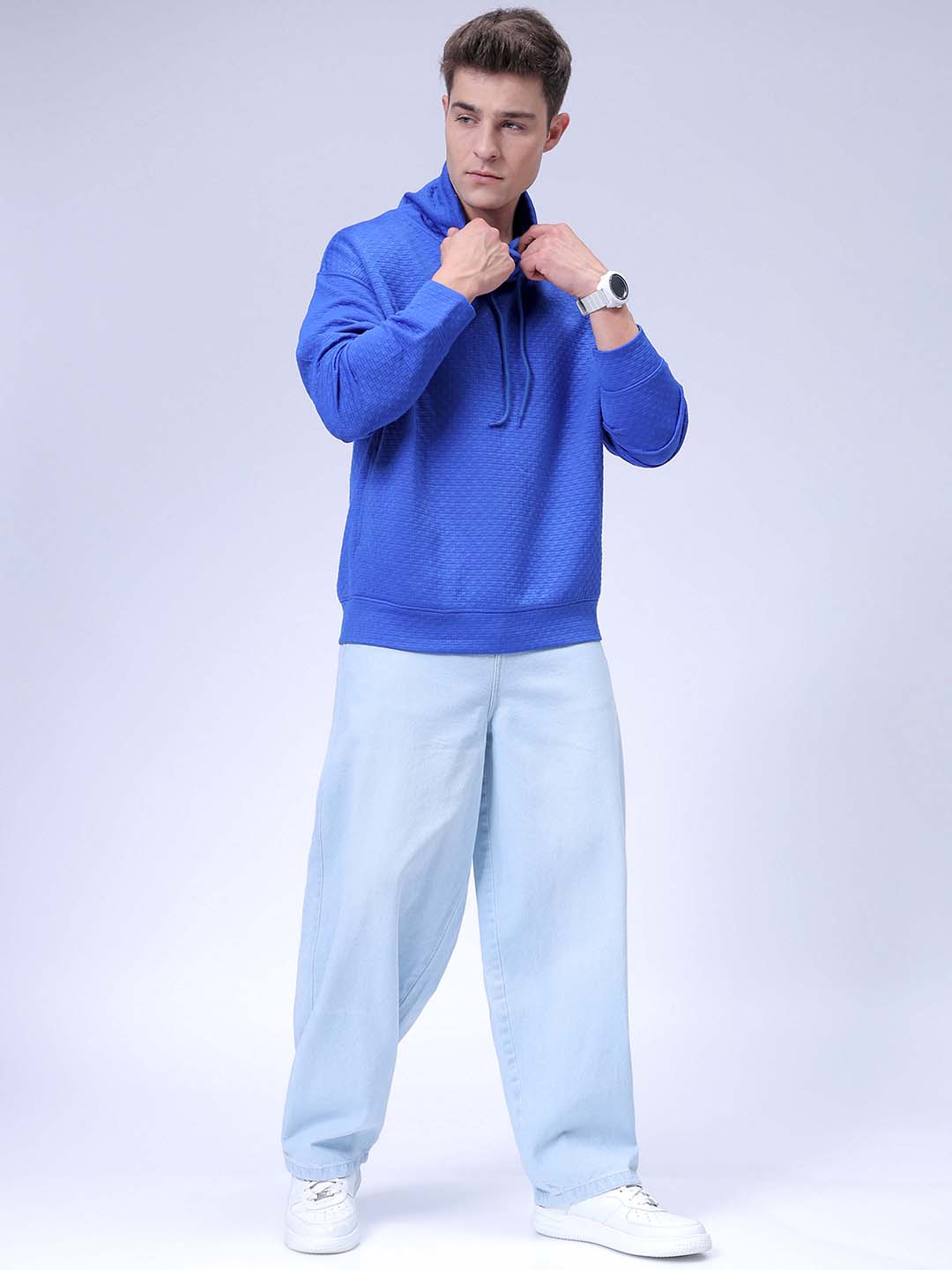 Men's Blue Oversized Self Design Cowl Neck Sweatshirt