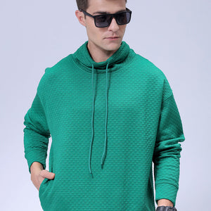 Men's Green Oversized Self Design Cowl Neck Sweatshirt