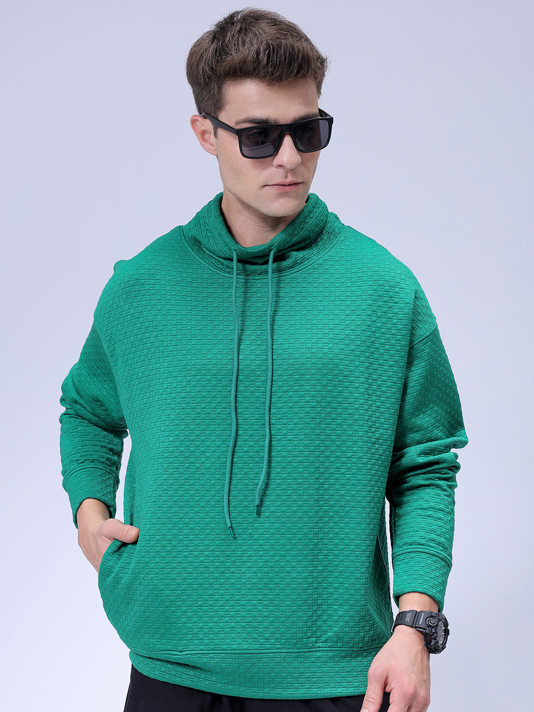 Men's Green Oversized Self Design Cowl Neck Sweatshirt
