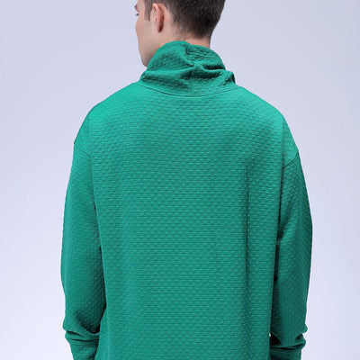 Men's Green Oversized Self Design Cowl Neck Sweatshirt