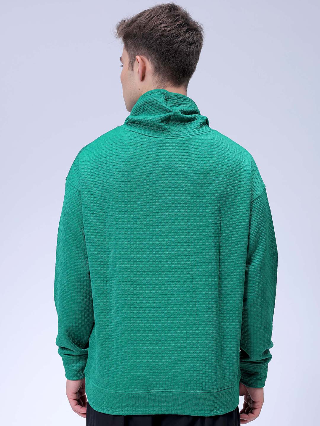 Men's Green Oversized Self Design Cowl Neck Sweatshirt