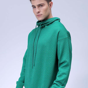 Men's Green Oversized Self Design Cowl Neck Sweatshirt