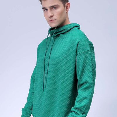 Men's Green Oversized Self Design Cowl Neck Sweatshirt