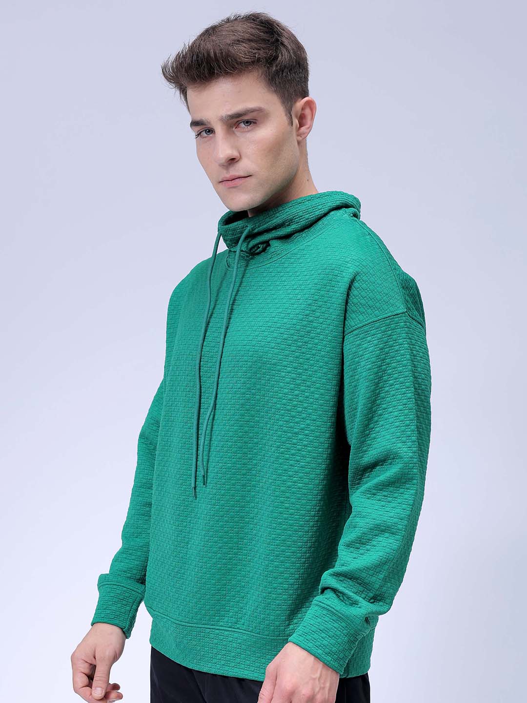 Men's Green Oversized Self Design Cowl Neck Sweatshirt