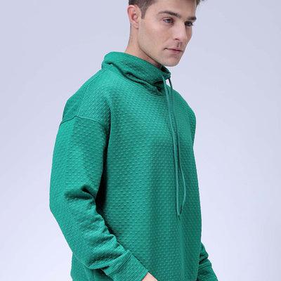 Men's Green Oversized Self Design Cowl Neck Sweatshirt