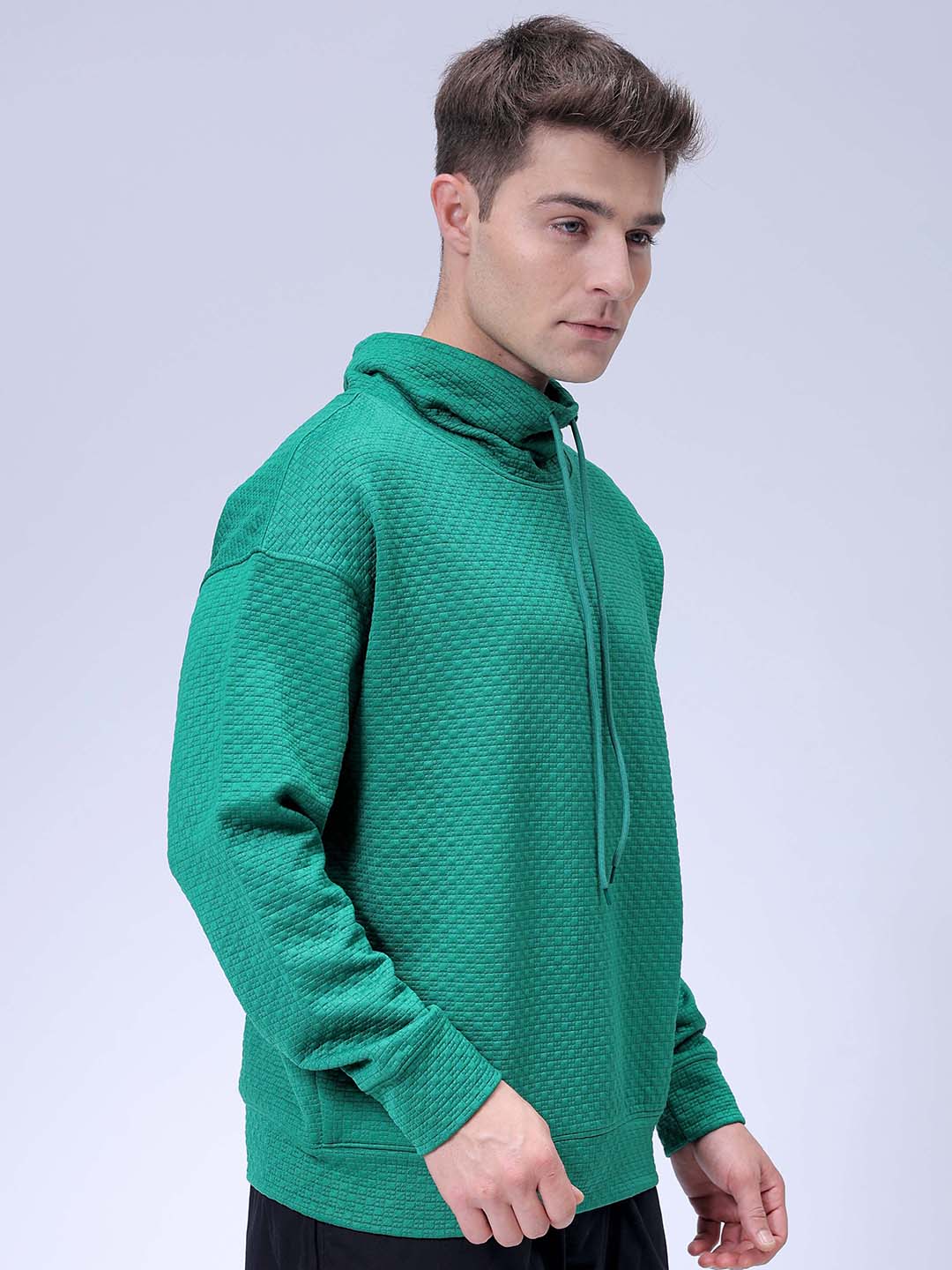 Men's Green Oversized Self Design Cowl Neck Sweatshirt