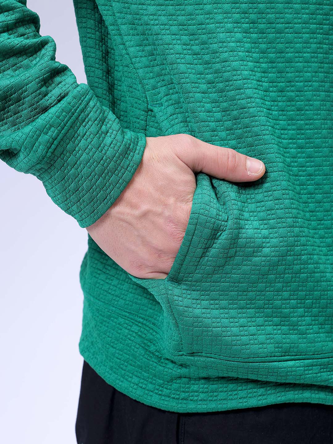 Men's Green Oversized Self Design Cowl Neck Sweatshirt