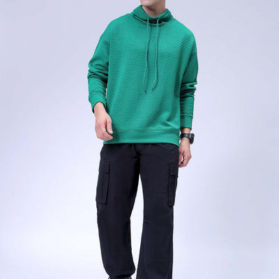 Men's Green Oversized Self Design Cowl Neck Sweatshirt