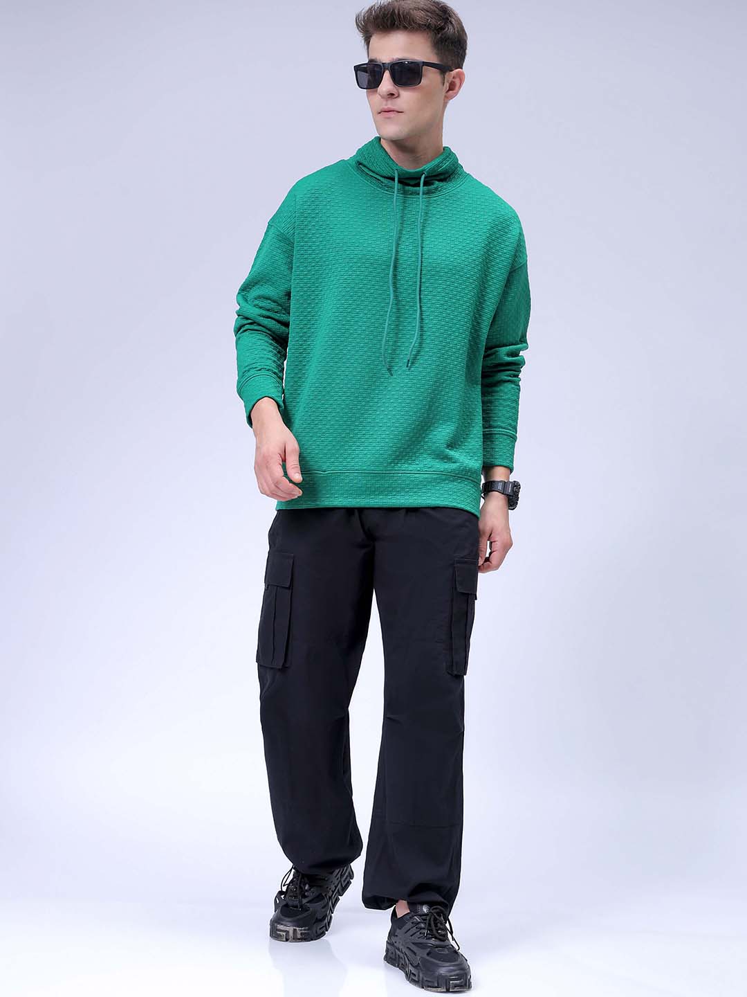 Men's Green Oversized Self Design Cowl Neck Sweatshirt