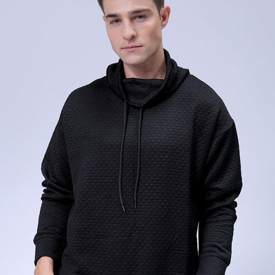Men's Black Oversized Self Design Cowl Neck Sweatshirt