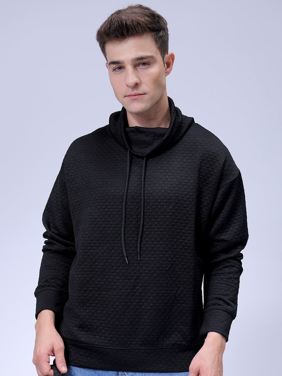 Men's Black Oversized Self Design Cowl Neck Sweatshirt