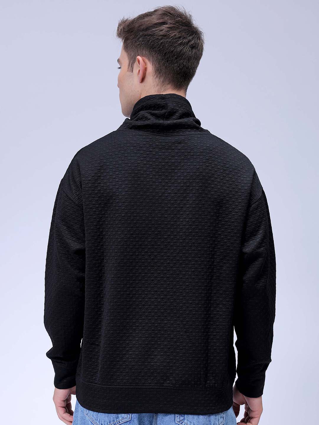 Men's Black Oversized Self Design Cowl Neck Sweatshirt