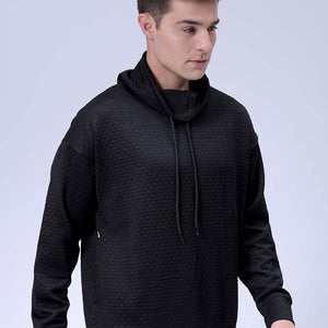 Men's Black Oversized Self Design Cowl Neck Sweatshirt