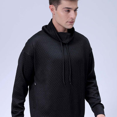 Men's Black Oversized Self Design Cowl Neck Sweatshirt