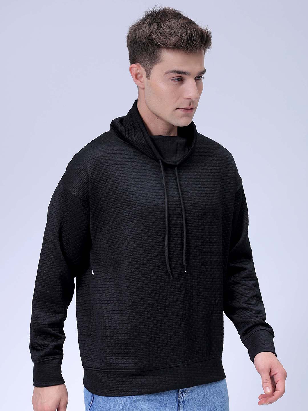 Men's Black Oversized Self Design Cowl Neck Sweatshirt