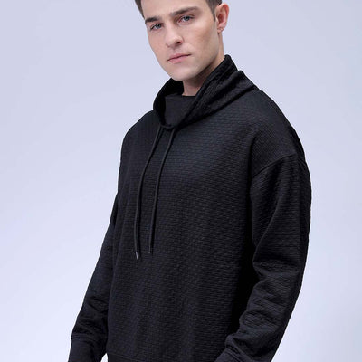Men's Black Oversized Self Design Cowl Neck Sweatshirt
