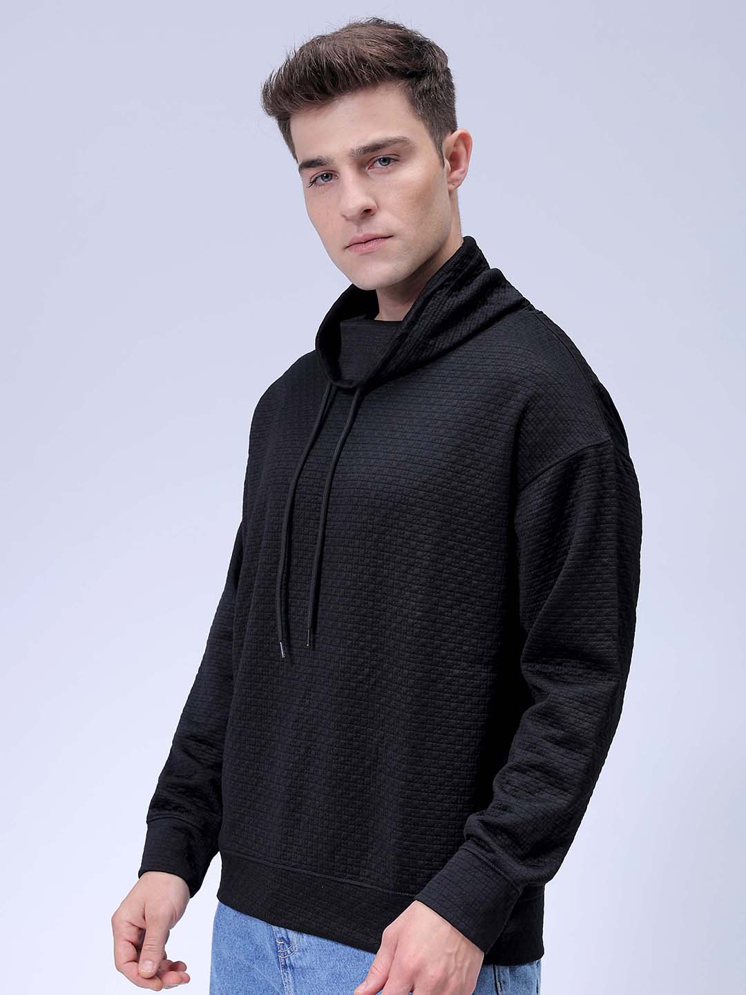 Men's Black Oversized Self Design Cowl Neck Sweatshirt