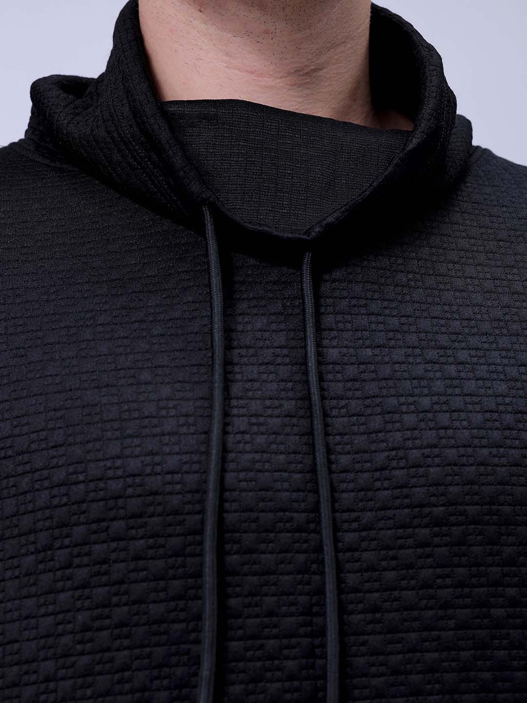 Men's Black Oversized Self Design Cowl Neck Sweatshirt