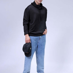 Men's Black Oversized Self Design Cowl Neck Sweatshirt