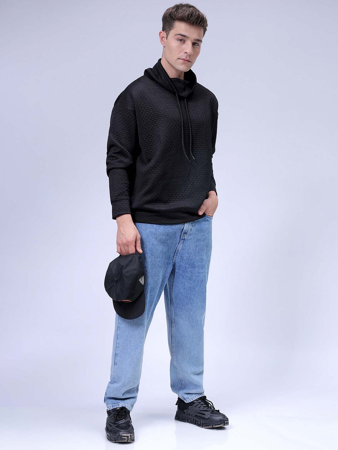 Men's Black Oversized Self Design Cowl Neck Sweatshirt