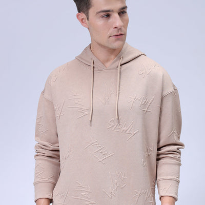 Men's Beige Oversized Self Design Hooded Neck Sweatshirt