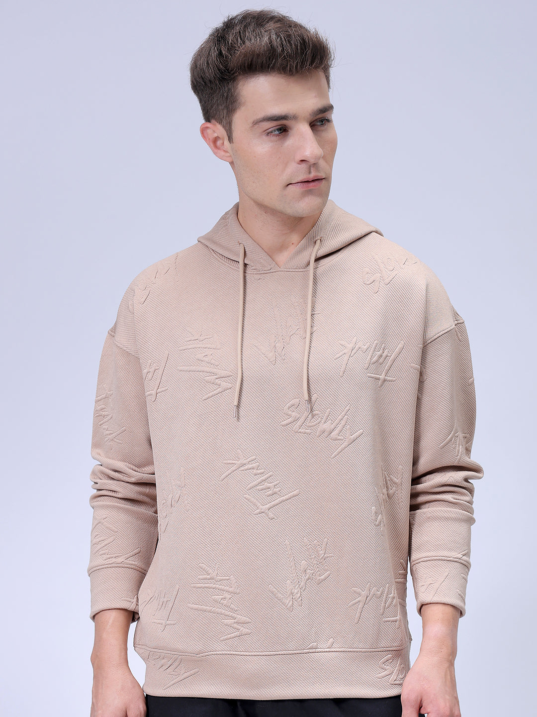 Men's Beige Oversized Self Design Hooded Neck Sweatshirt