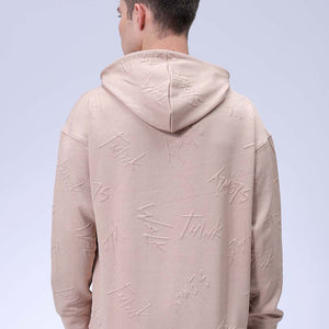 Men's Beige Oversized Self Design Hooded Neck Sweatshirt