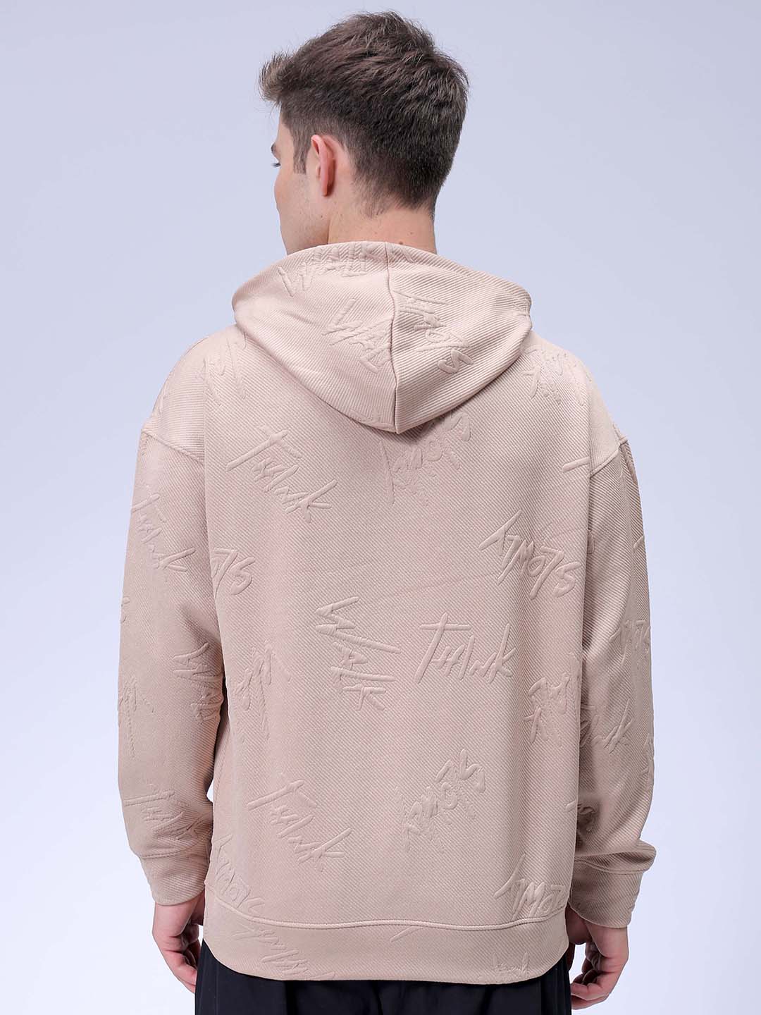Men's Beige Oversized Self Design Hooded Neck Sweatshirt
