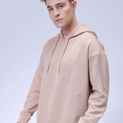 Men's Beige Oversized Self Design Hooded Neck Sweatshirt