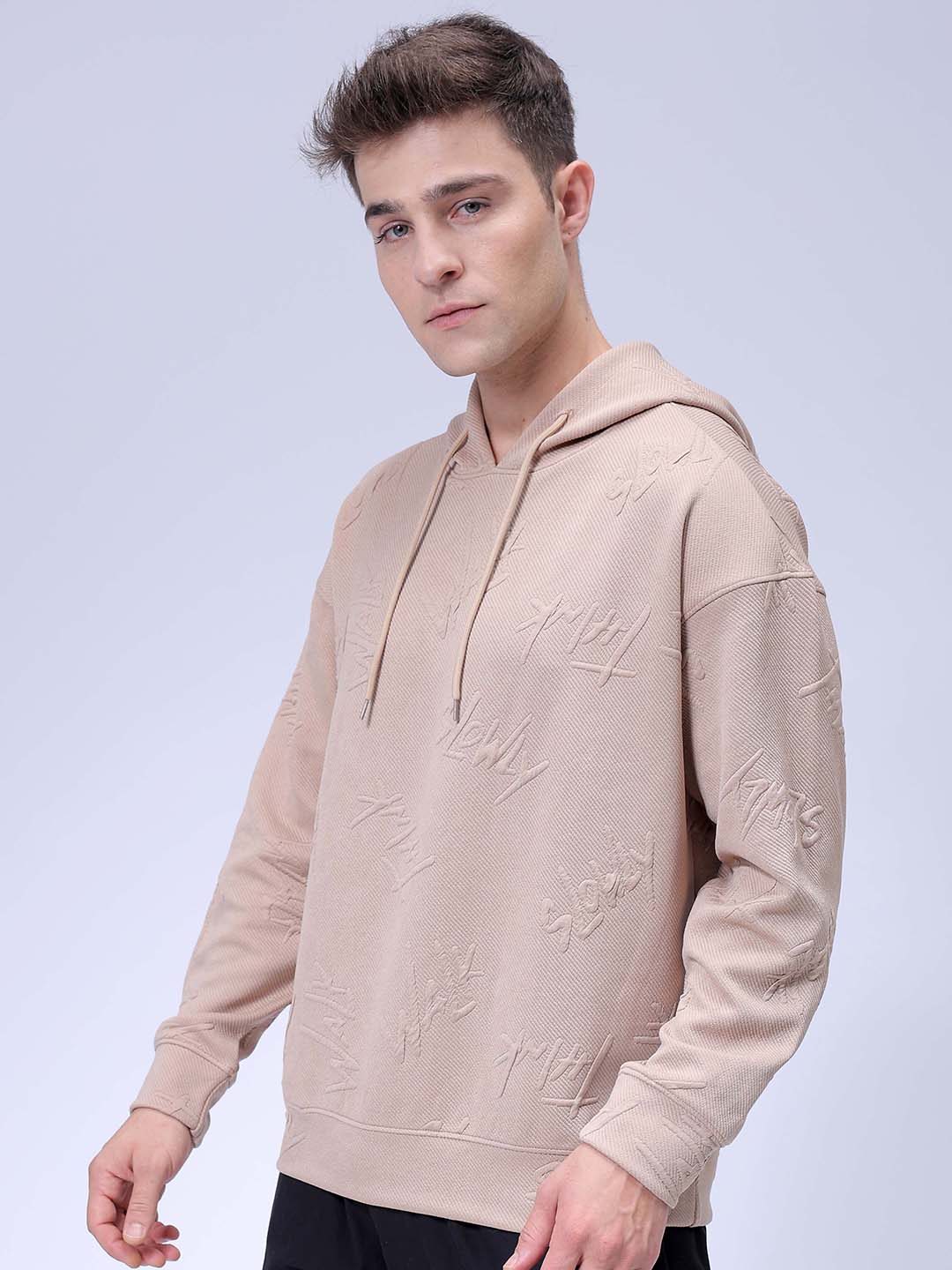 Men's Beige Oversized Self Design Hooded Neck Sweatshirt
