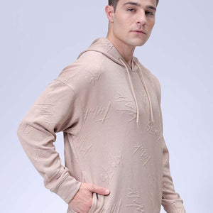 Men's Beige Oversized Self Design Hooded Neck Sweatshirt